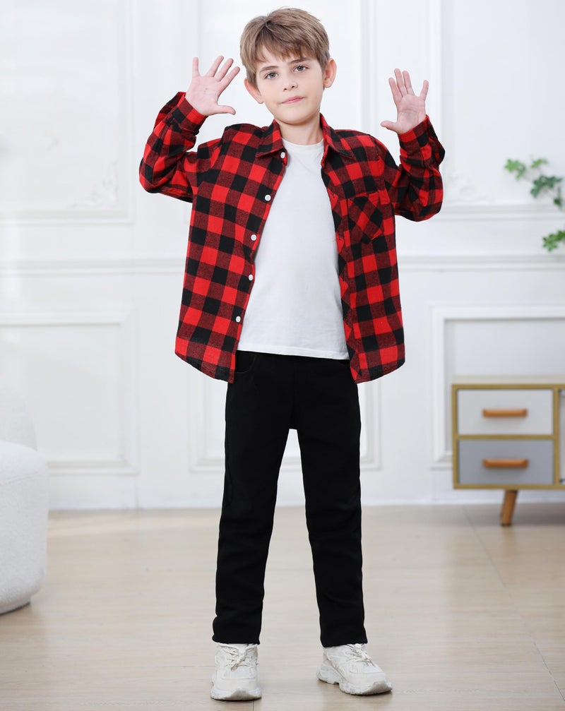 SANGTREE Boys and Mens Flannel Plaid Long Sleeve Shirt Casual Button Down Shirts, 1# Red Black, 14-15 Years - Image 5